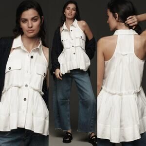 Anthropologie Pilcro Peplum Tiered Button Front Tunic Blouse White M